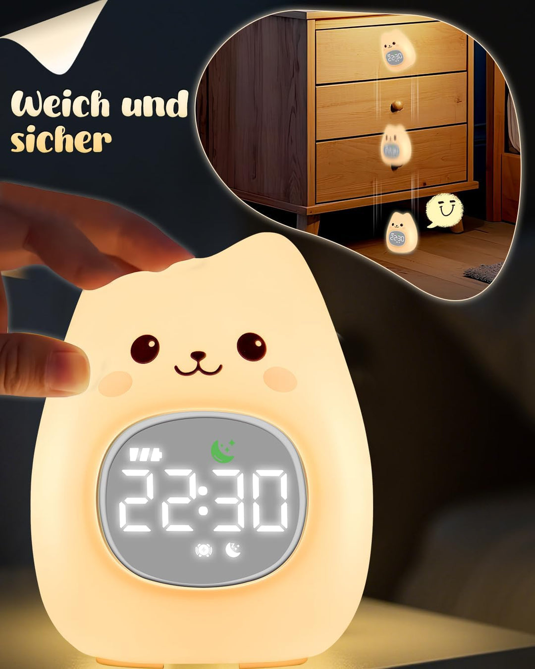 Yiliaw Katzen Kinderwecker mit Nachtlicht – Schlaftrainer & Aufwachuhr, wiederaufladbare Silikonlamp