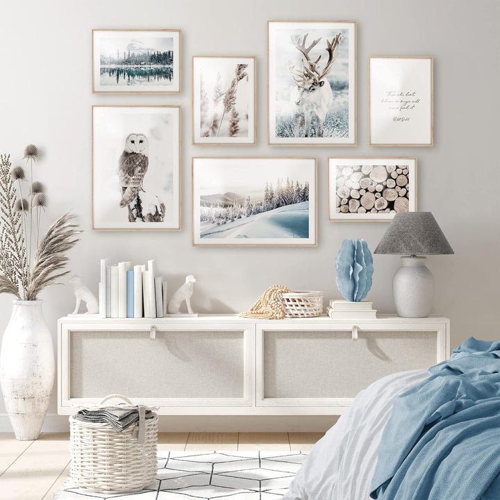 BLCKART Magic Winter Poster Set Beige Blau Schlafzimmer Deko Schnee Bilder Rentier Wanddeko Eule Woh