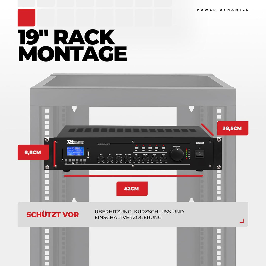 Power Dynamics PRM240-100 Volt-Verstärker für Lautsprecher- oder Musikanlagen mit u. a. Bluetoot und
