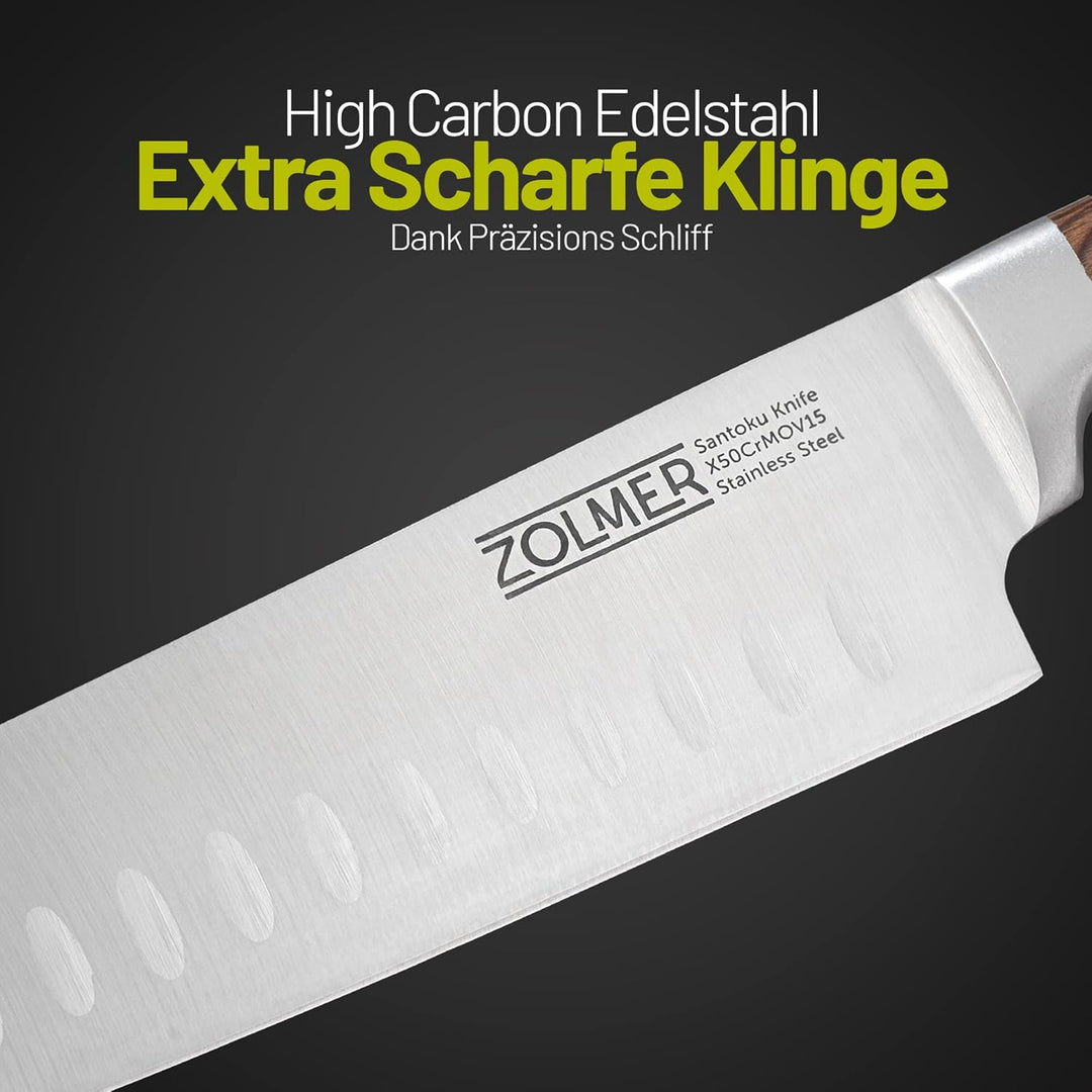 Zolmer® Santoku Messer - Extra scharfes Küchenmesser - Allzweck Messer mit komfortablem Griff aus Pa
