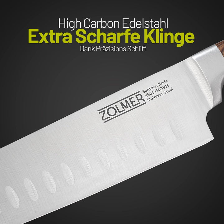 Zolmer® Santoku Messer - Extra scharfes Küchenmesser - Allzweck Messer mit komfortablem Griff aus Pa