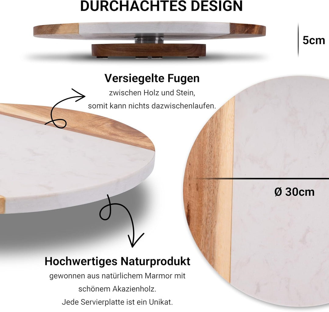 Fino Casa drehbare Marmorplatte mit Akazienholz rund Tortenplatte Küchen Organizer Käseplatte Die Ma