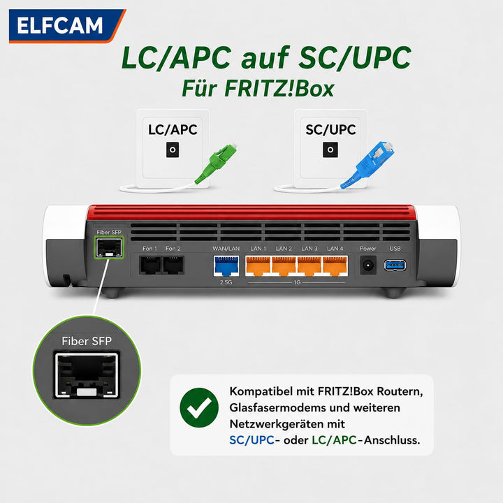 Elfcam - 50m Glasfaser-Kabel LC/APC auf SC/UPC Stecker für FRITZ!Box, Simplex Singlemode 9/125μm OS2