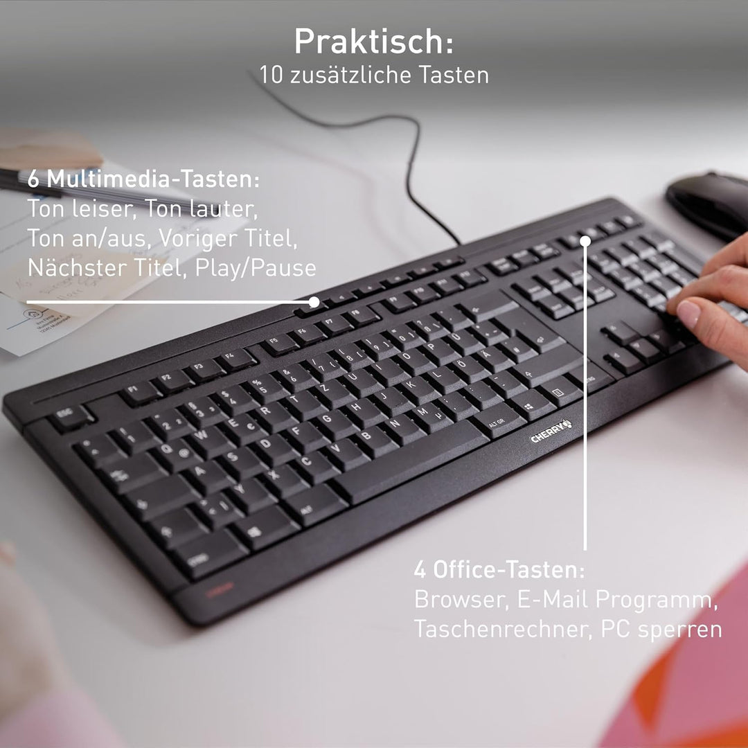 CHERRY STREAM KEYBOARD, Wired Keyboard, German Layout (QWERTZ), Whisper-Quiet Keystrokes, Unique Typ