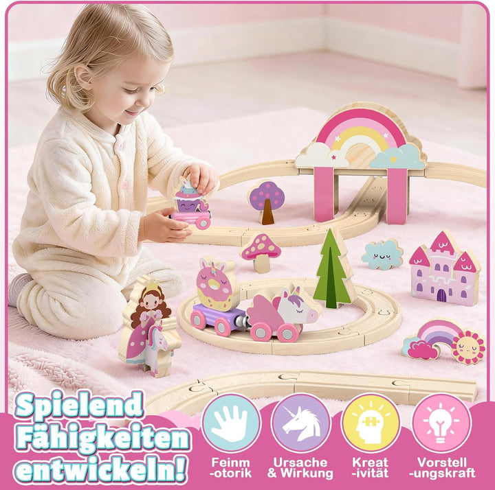 Lehoo Castle Holzeisenbahn für Mädchen, Holz Eisenbahn Kinder, Eisenbahn Holz, Einhorn Spielzeug, Sp