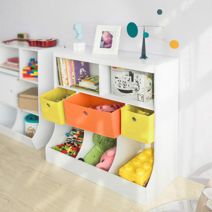 SoBuy KMB26-W Kinder Bücherregal Kinderregal mit 5 Ablagefächern und 3 Stoffboxen Spielzeugregal Auf