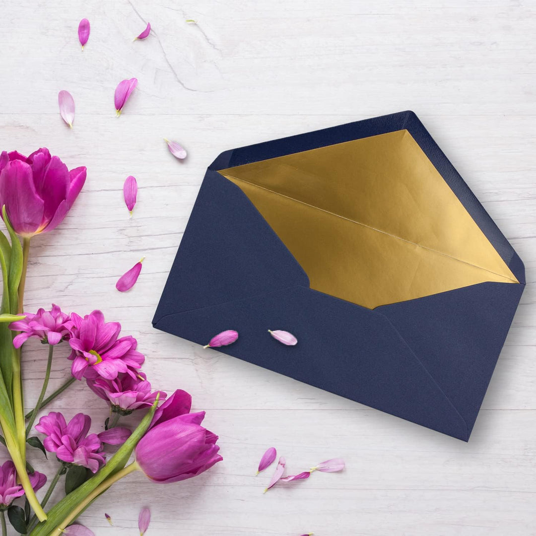 100 Brief-Umschläge DIN Lang - Dunkel-Blau/Nachtblau mit Gold-Metallic Innen-Futter - 110 x 220 mm -