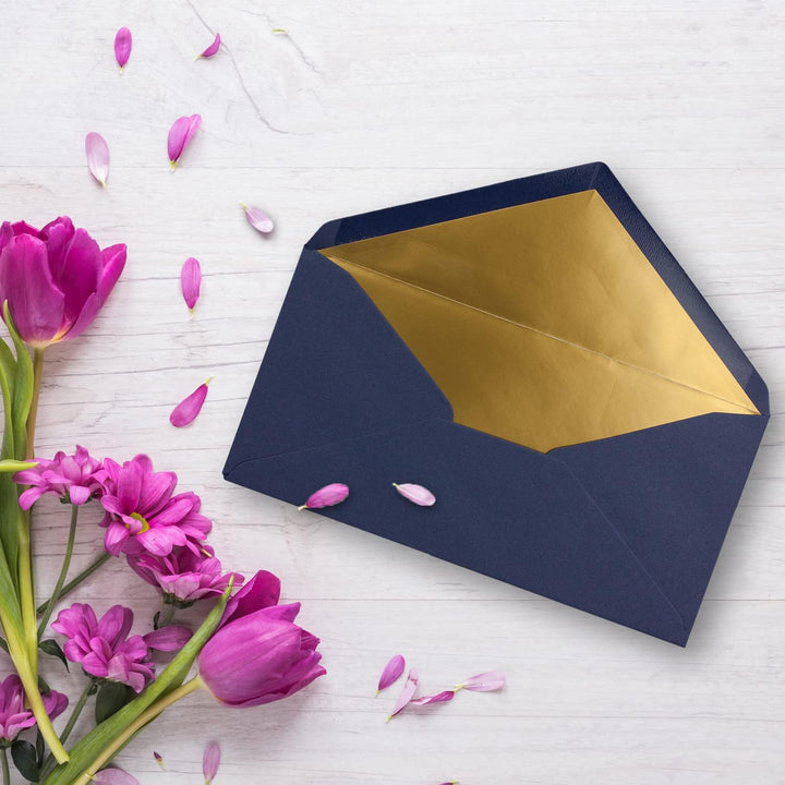 100 Brief-Umschläge DIN Lang - Dunkel-Blau/Nachtblau mit Gold-Metallic Innen-Futter - 110 x 220 mm -