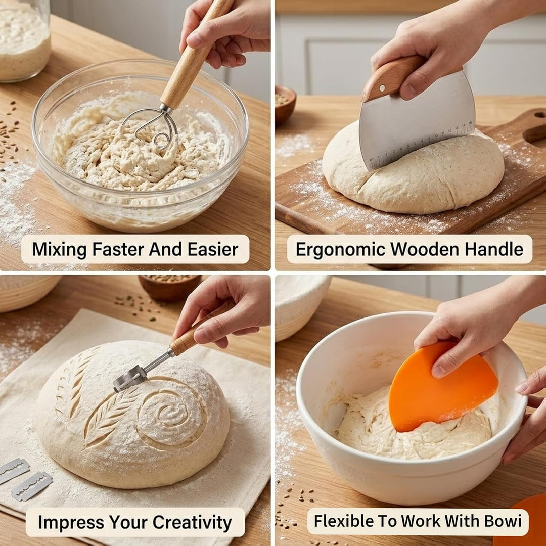 Sauerteig Starter Set mit Gärkörbchen Rund und Oval 2er Set Profi Brotbackset mit Sauerteigglas Teig