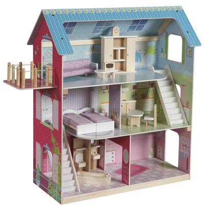 roba Puppenhaus, Puppenvilla inkl. 16 Puppenmöbel, Mädchen-Spielzeug liebevoll bedruckt Pastell, Pas