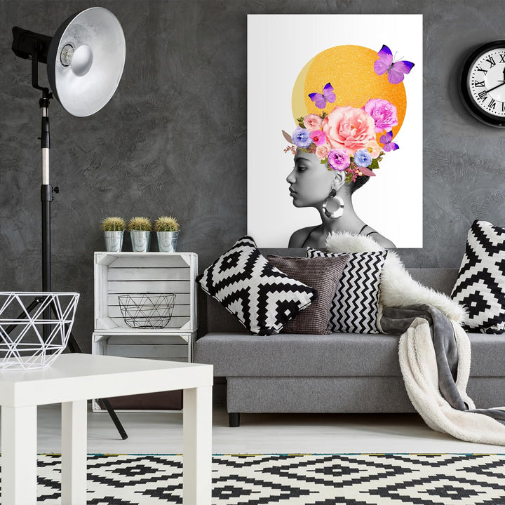 wandmotiv24 Leinwandbild Digital Art, 100x75cm, Hochformat, Frau, Blumen, Schmetterling, Deko, Bilde