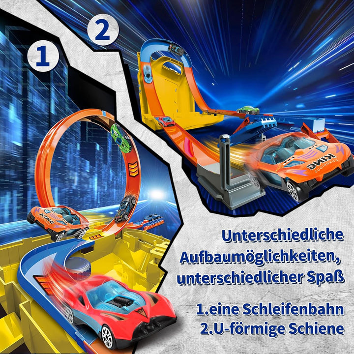Autorennbahn für Kinder, Rennstrecke Auto Spielzeug mit 6 Autos, Aufbewahrungsbox, Auto Rennbahn Mit