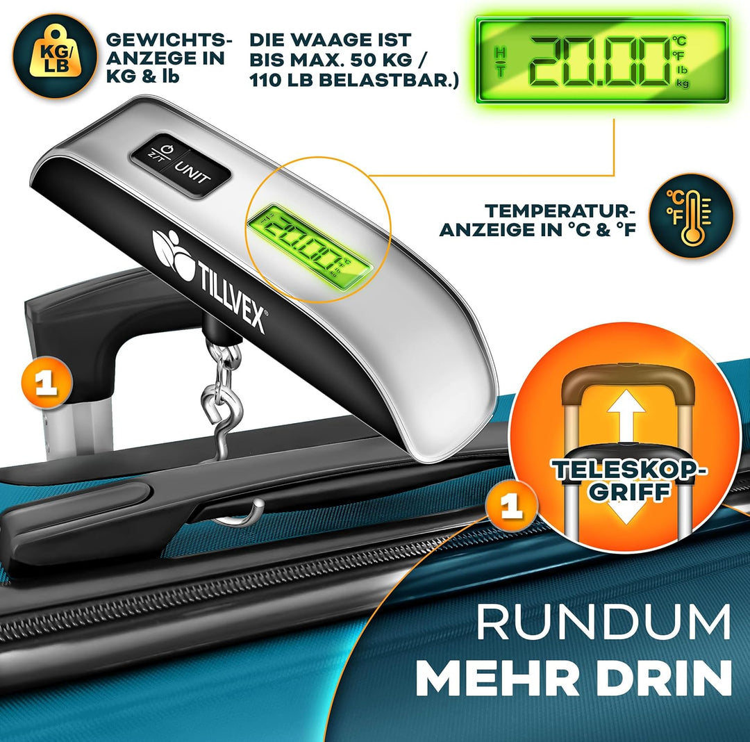 tillvex® Reisekoffer Set 3-TLG. + Gepäckwaage, 6X Koffergurte & 3X Kofferanhänger | Kofferset 4 Roll