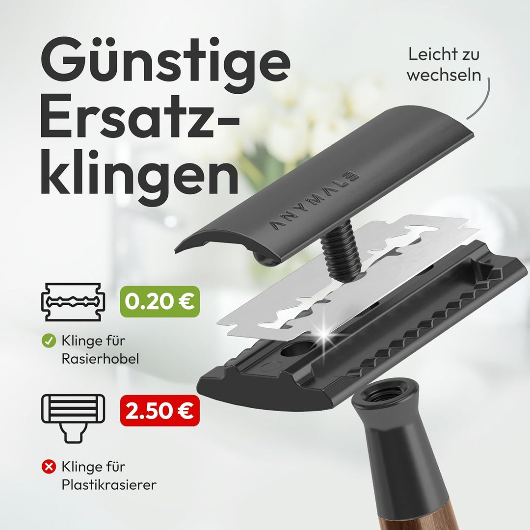 ANYMALE® Rasierhobel aus Walnussholz - Set mit Ständer und 5 ASTRA Klingen - Zero Waste Rasierer für