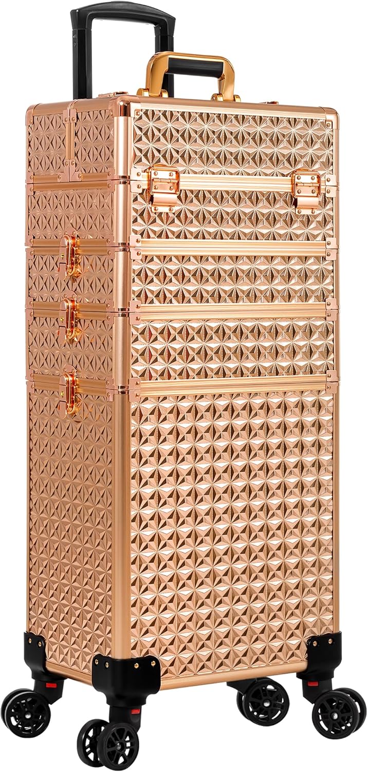 Arous 5-in-1 Profi-Kosmetikkoffer, Aluminium, mit 360° drehbaren Rädern Gold, Gold