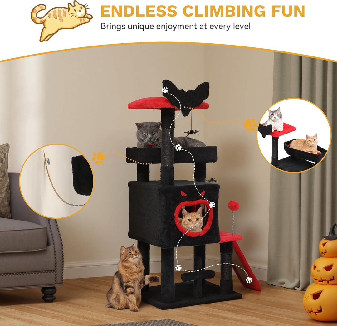 DWVO 111 cm Gothic-Katzenbaum für den Innenbereich mit Sargbett, geräumigem Katzenhaus, hängendem Sp