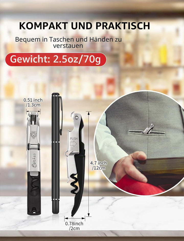 CORKAS Kellnermesser Profi Korkenzieher aus Edelstahl in Gastronomie Qualität mit Flaschenöffner & F