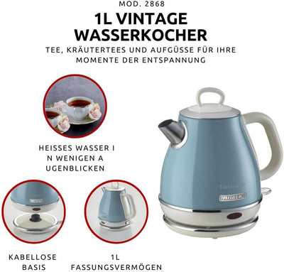 Ariete Vintage Wasserkocher 2868, Retro Elektrischer Wasserkocher mit Kabellosem 360°-Sockel, Abscha
