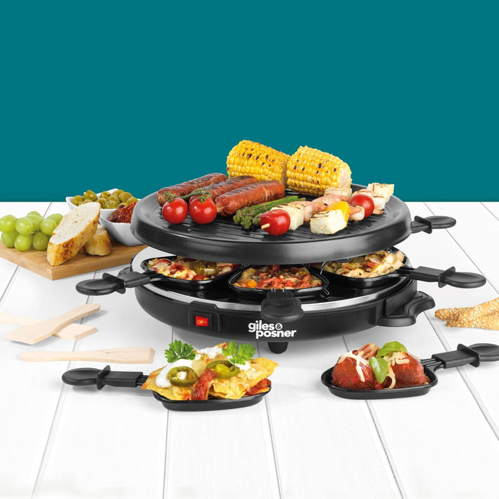 Giles & Posner Tisch-Raclette-Grill – 800W Elektrogrill mit 6 antihaftbeschichteten Pfännchen, 6 Hol