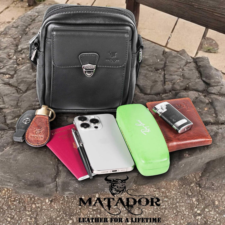 MATADOR kleine kompakte Leder Umhängetasche Herren Ledertasche Schultertasche Schwarz Nappa, Schwarz