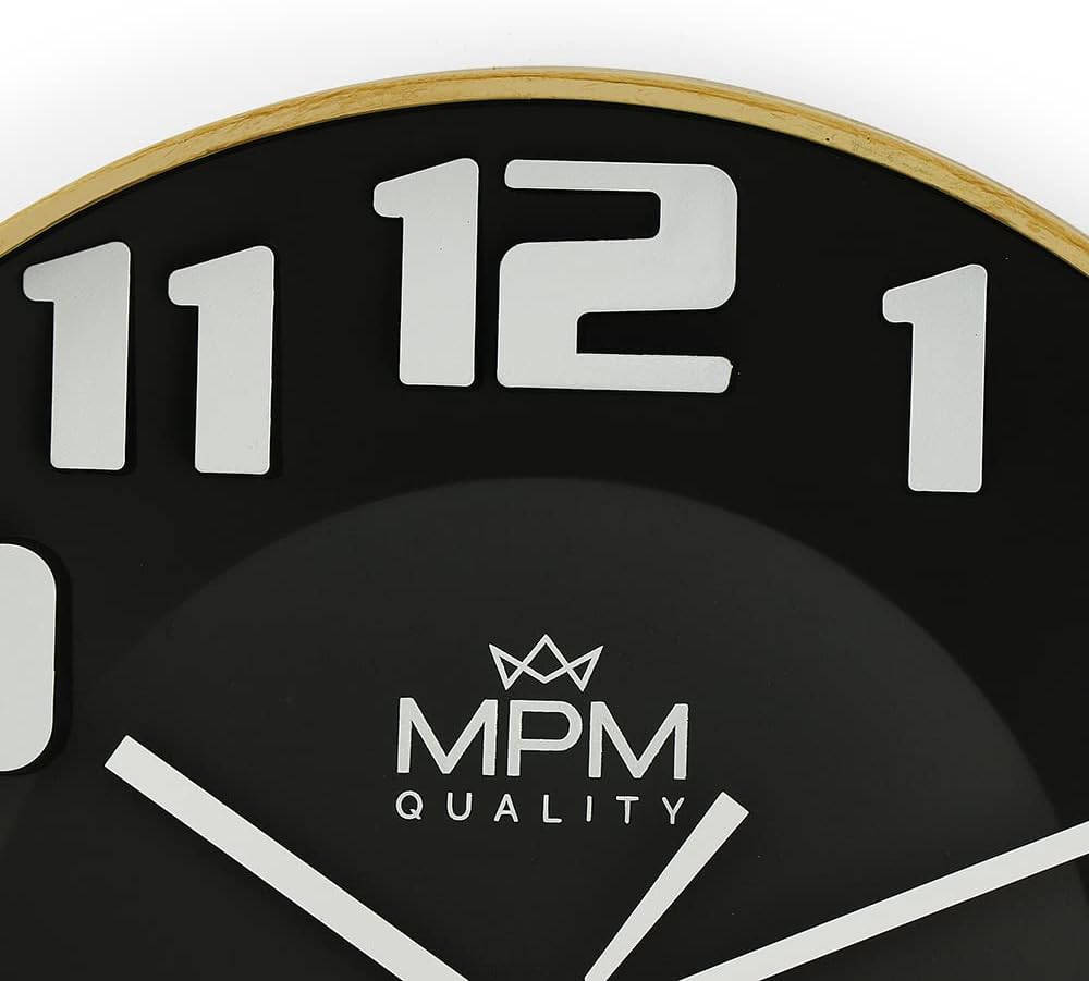 MPM Quality Design Wanduhr, 3D-Ziffern, Quarz-Uhrwerk Sweep, Schwarz/Weiss, Modern, Kunststoff und M