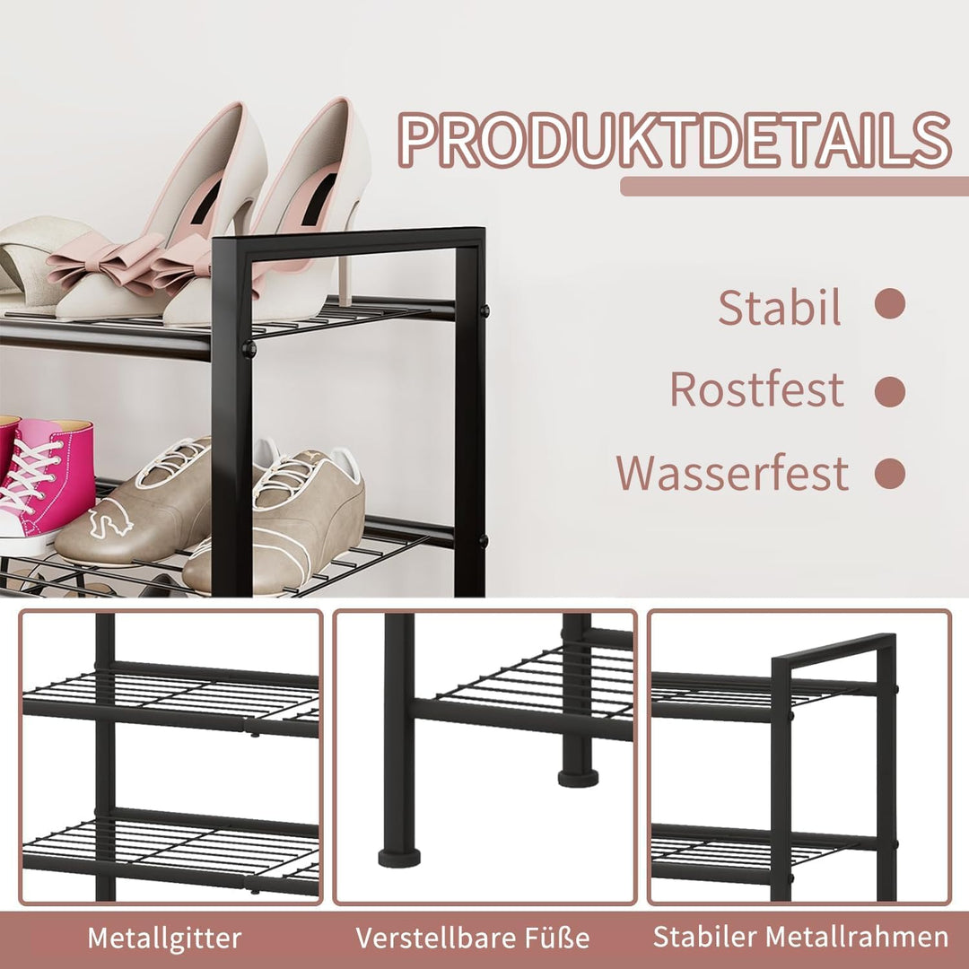 Schuhregal Schwarz Metall, 4 Ebenen platzsparendes Schuhregal, stapelbar & verstellbar, robuster Org