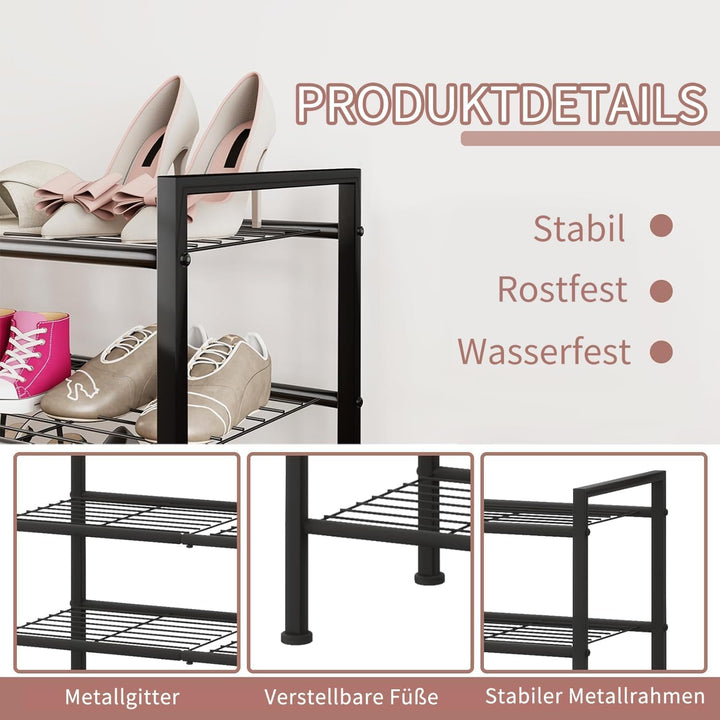 Schuhregal Schwarz Metall, 4 Ebenen platzsparendes Schuhregal, stapelbar & verstellbar, robuster Org