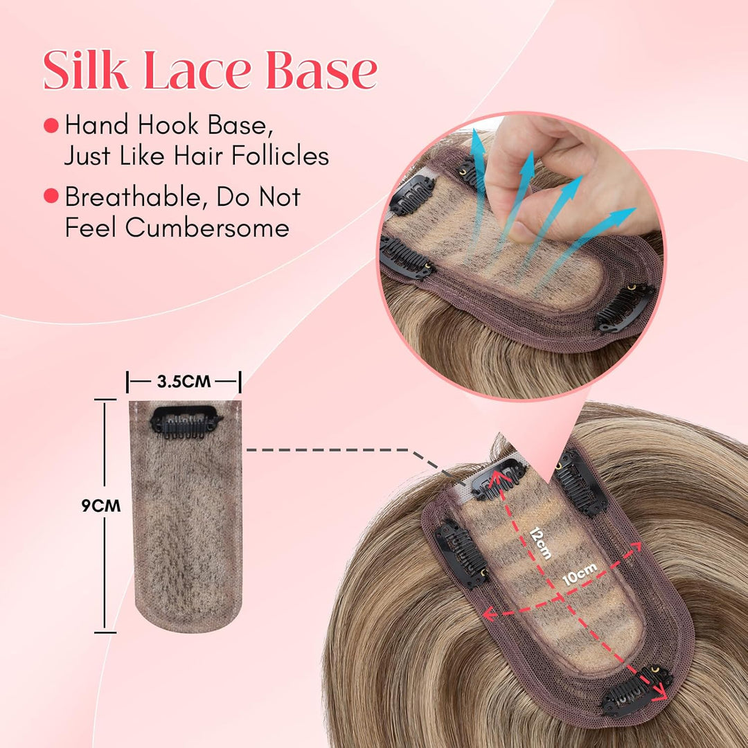 Elailite Hair Topper Echthaar #4P27 Mittelbraun/Honigblond 15cm Clip in Toupet Damen Extensions Haar
