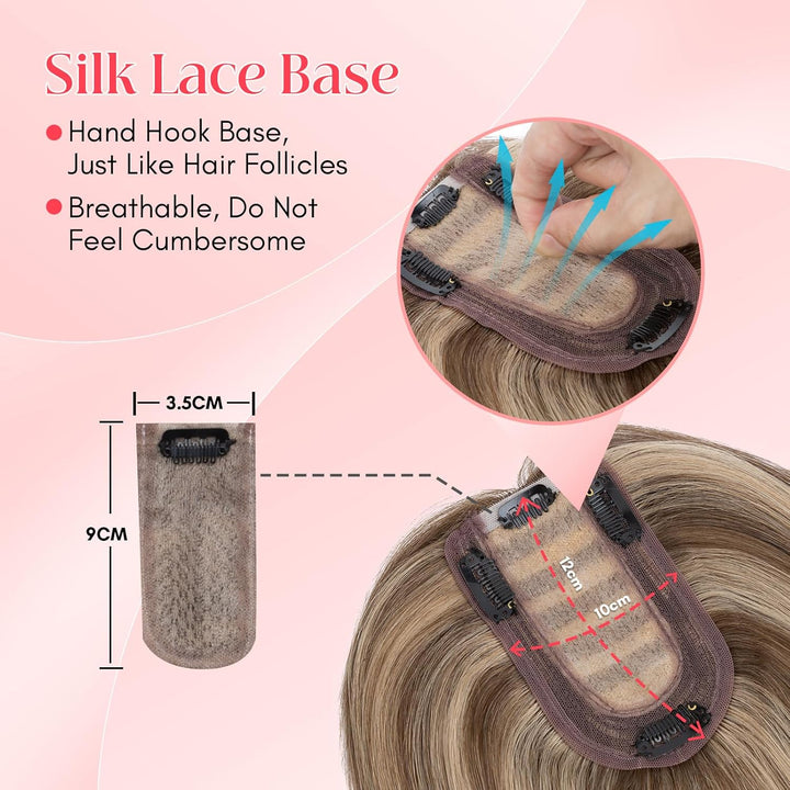 Elailite Hair Topper Echthaar #4P27 Mittelbraun/Honigblond 15cm Clip in Toupet Damen Extensions Haar