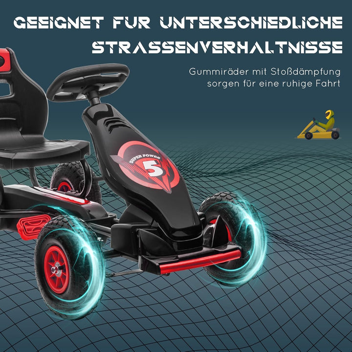 HOMCOM Gokart, Kinderfahrzeug mit 3-stufigen verstellbarem Sitz, Tretfahrzeug mit Gummireifen, Pedal