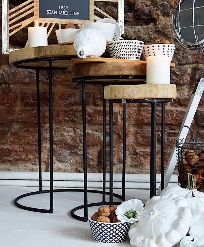 EMAKO Beistelltisch 3er Set klein deko rund holz Holztisch Balkontisch stapelbar Tisch Gartentisch K