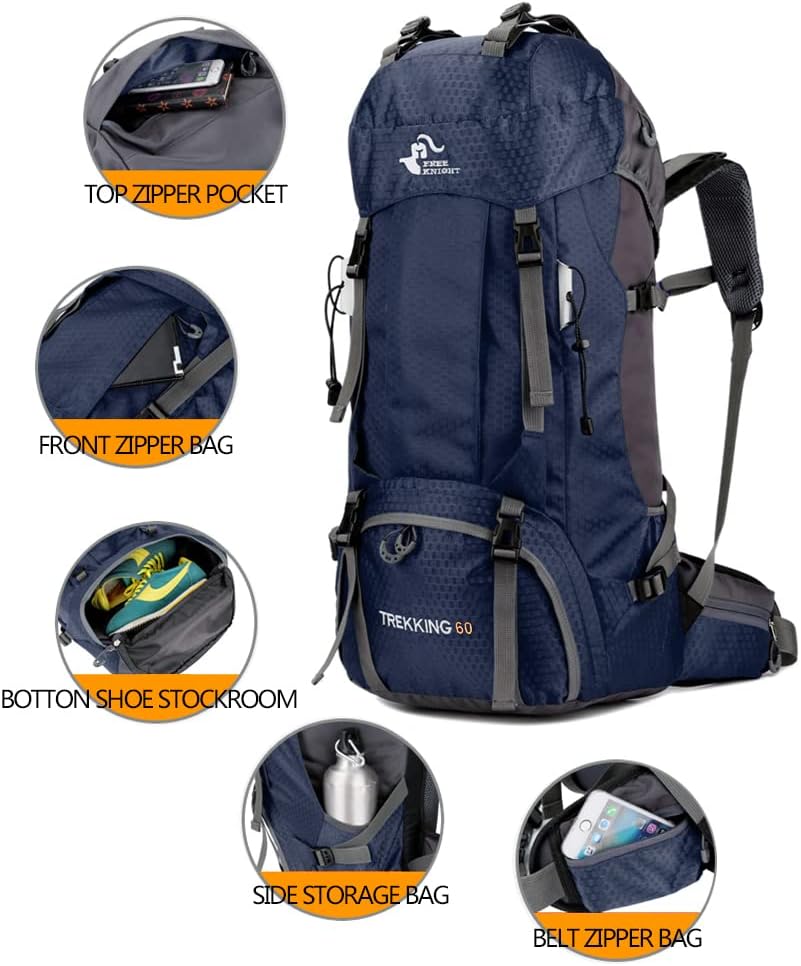 Bseash 60L Wasserdichter leichter Wanderrucksack mit Regenschutz, Outdoor Sport Tagesrucksack Multif
