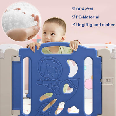 UISEBRT Laufgitter Baby Laufstall Faltbar mit Tür und Spielzeugboard, Absperrgitter aus Kunststoff S