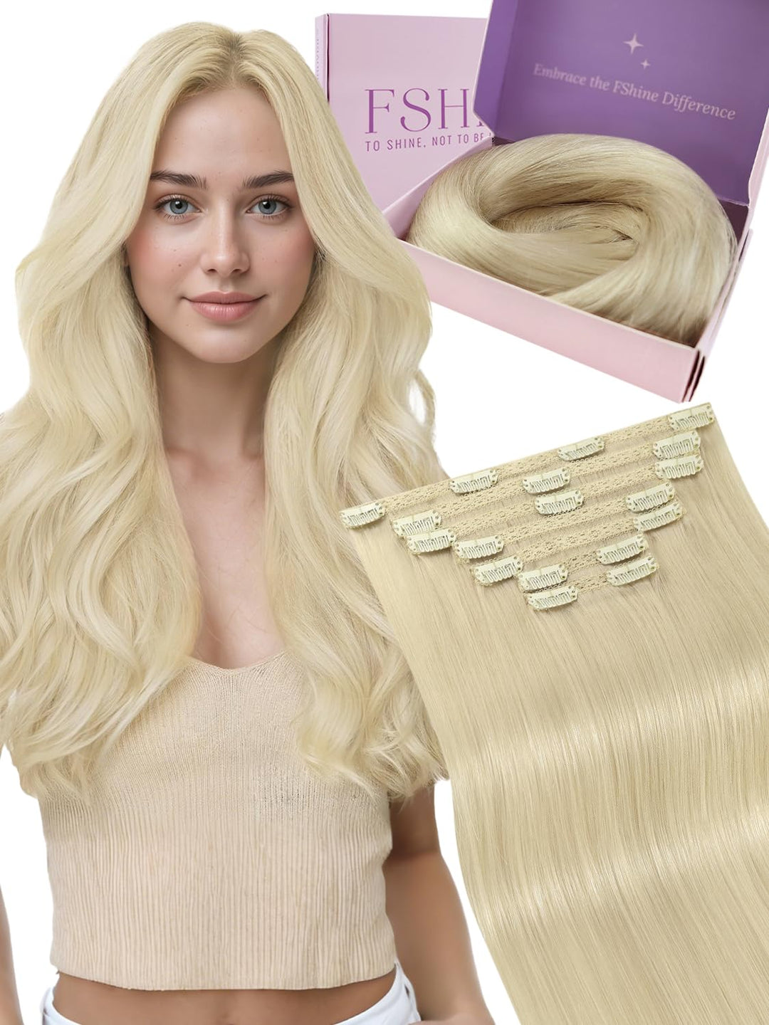 Fshine Clip in Extensions Echthaar 45cm Extensions Faber Platinblond Voller Kopf Remy Haarverlängeru