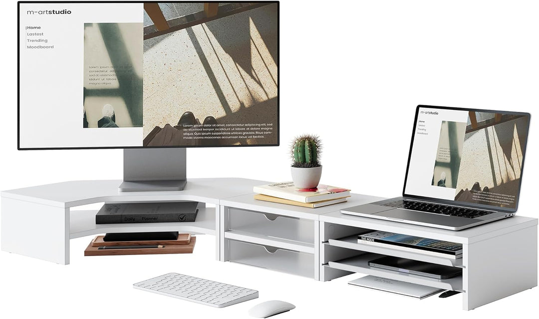 Fenge Monitorständer 3 in 1, Dual Monitor Stand mit Schublade und Ausziehbarem Tablett, L-Förmiger E