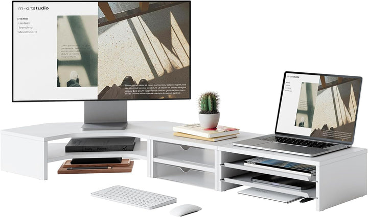 Fenge Monitorständer 3 in 1, Dual Monitor Stand mit Schublade und Ausziehbarem Tablett, L-Förmiger E