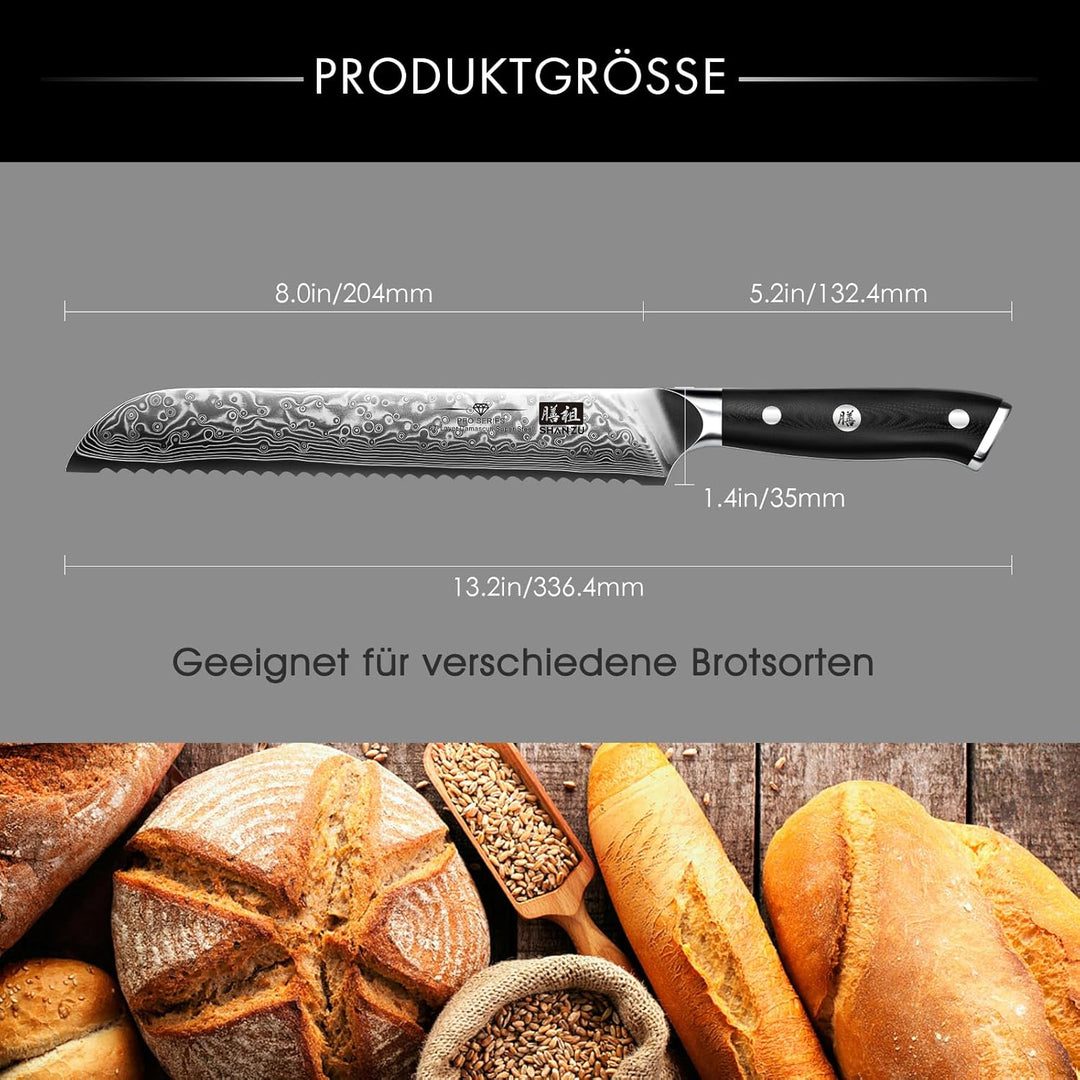SHAN ZU 20 cm Damast Brotmesser mit Wellenschliff, 67 Lagen Japanischer Damaststahl, Kuchenmesser au