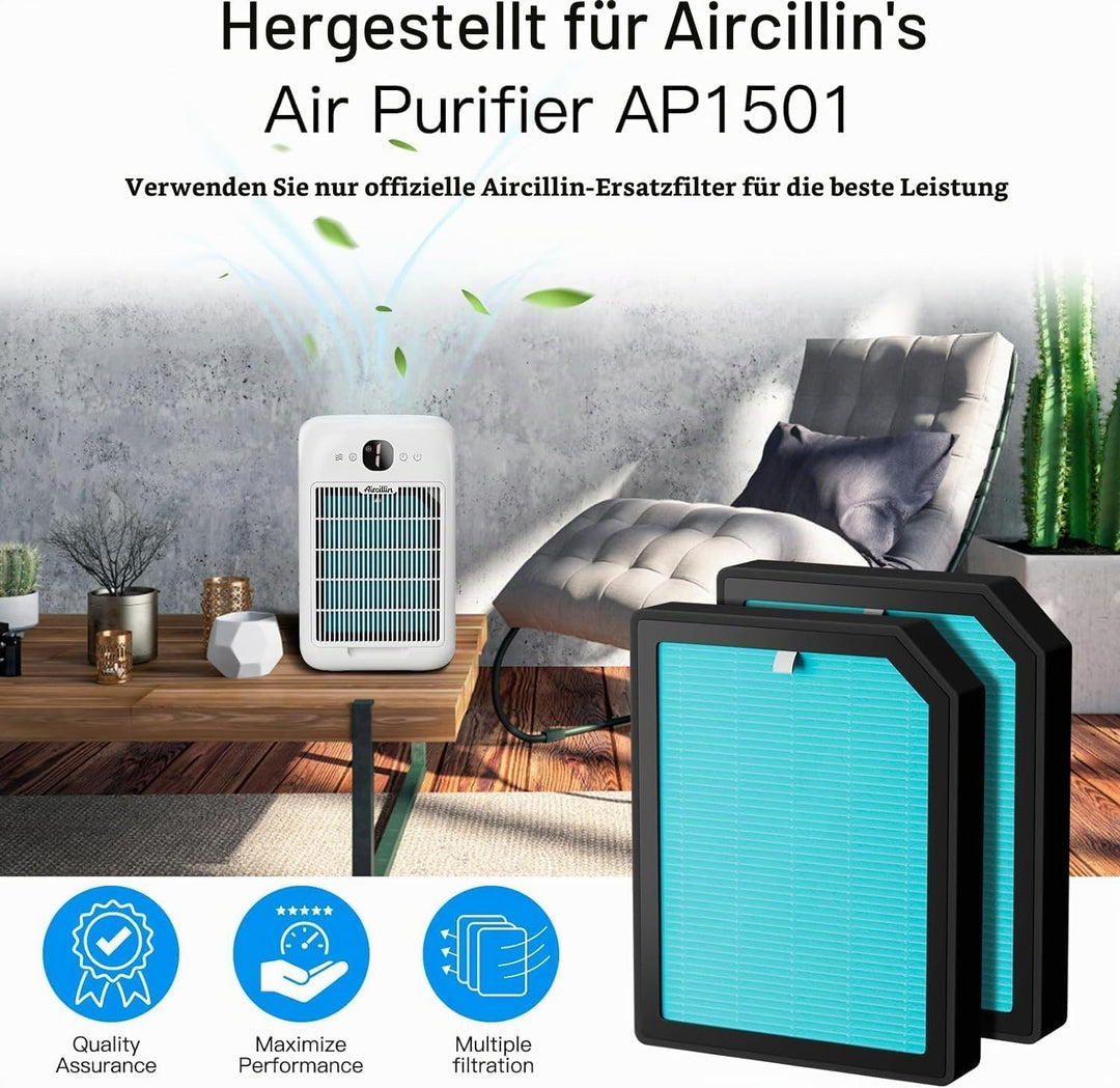 Aircillin 4-Pack Luftreiniger AP1501 Ersatzfilter, 3-Stufiges Aktivkohle Filtersystem, H13 True HEPA