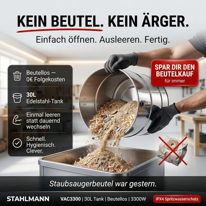 STAHLMANN VAC3300 Industriestaubsauger Nasssauger Trockensauger; 30L Tank, integrierte Steckdose, le