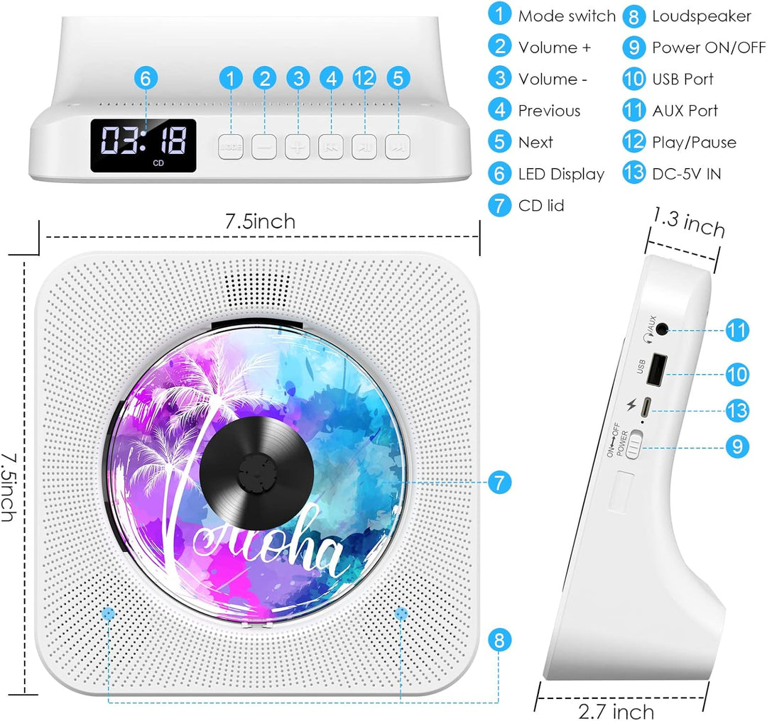 Tragbarer CD-Player mit Bluetooth, Gueray Desktop für zu Hause, Eingebaute Doppelte HiFi-Lautspreche