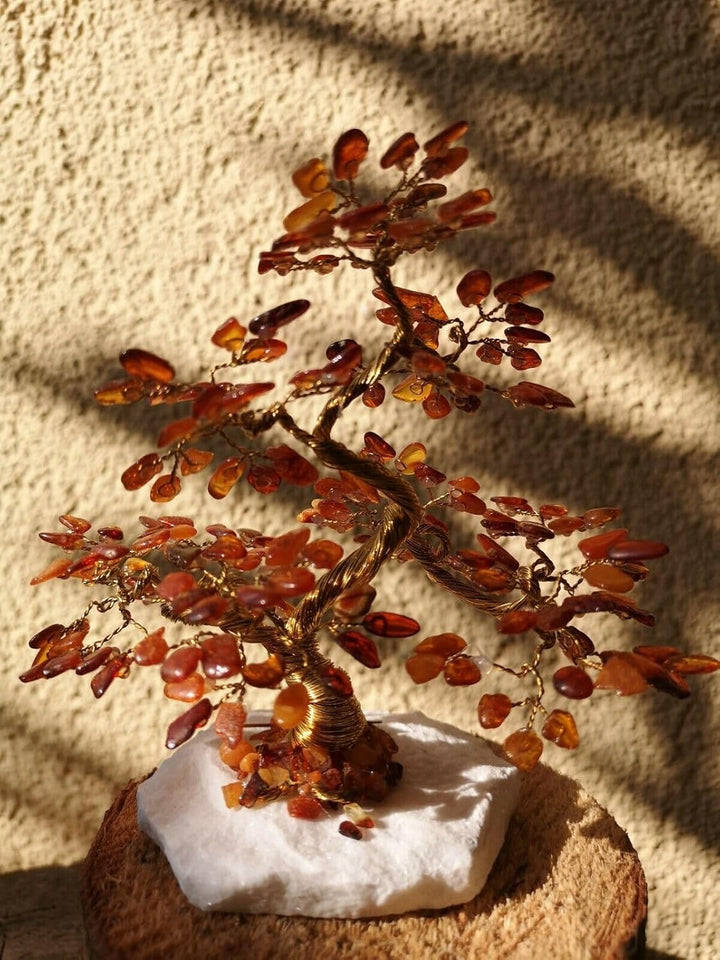 Bonsai Glücksbaum Lebensbaum Geldbaum aus Bernstein IV 16 cm Handmade Feng Shui Deko