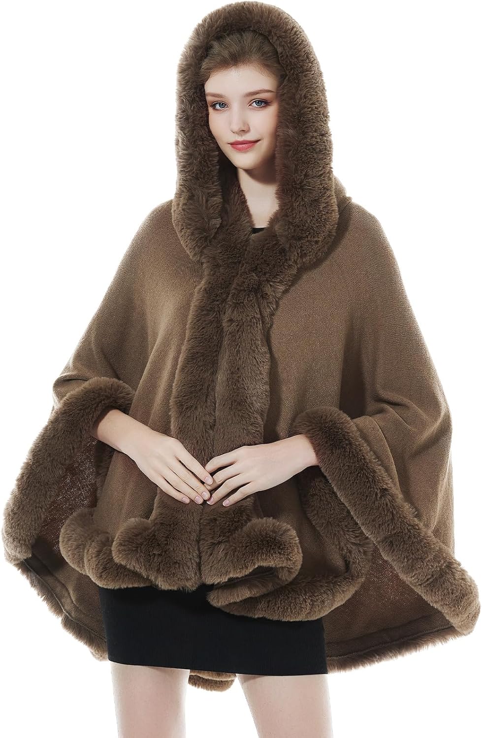 BEAUTELICATE Damen Kunstpelz Strick Poncho Cape Warm Umhang Gestrickt mit Kapuze Cardigan Brautjacke