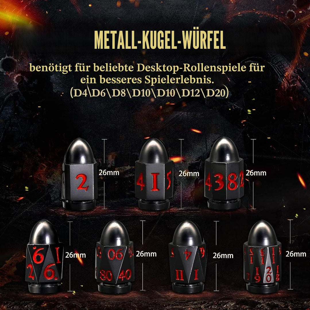 DND Würfelset Dungeons and Dragons Würfel, ZHOORQI Bullet Metall Würfel Set, Polyedrische Würfel Set