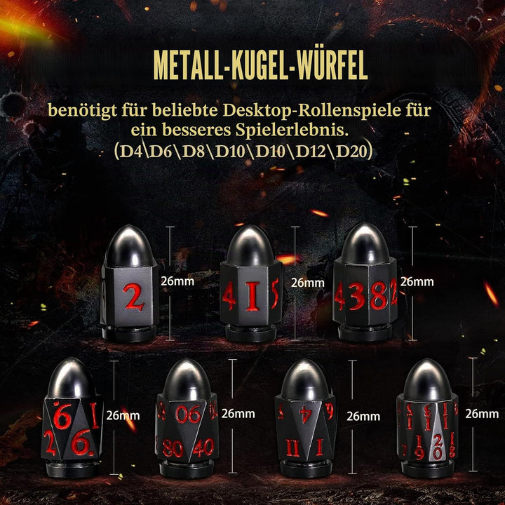 DND Würfelset Dungeons and Dragons Würfel, ZHOORQI Bullet Metall Würfel Set, Polyedrische Würfel Set