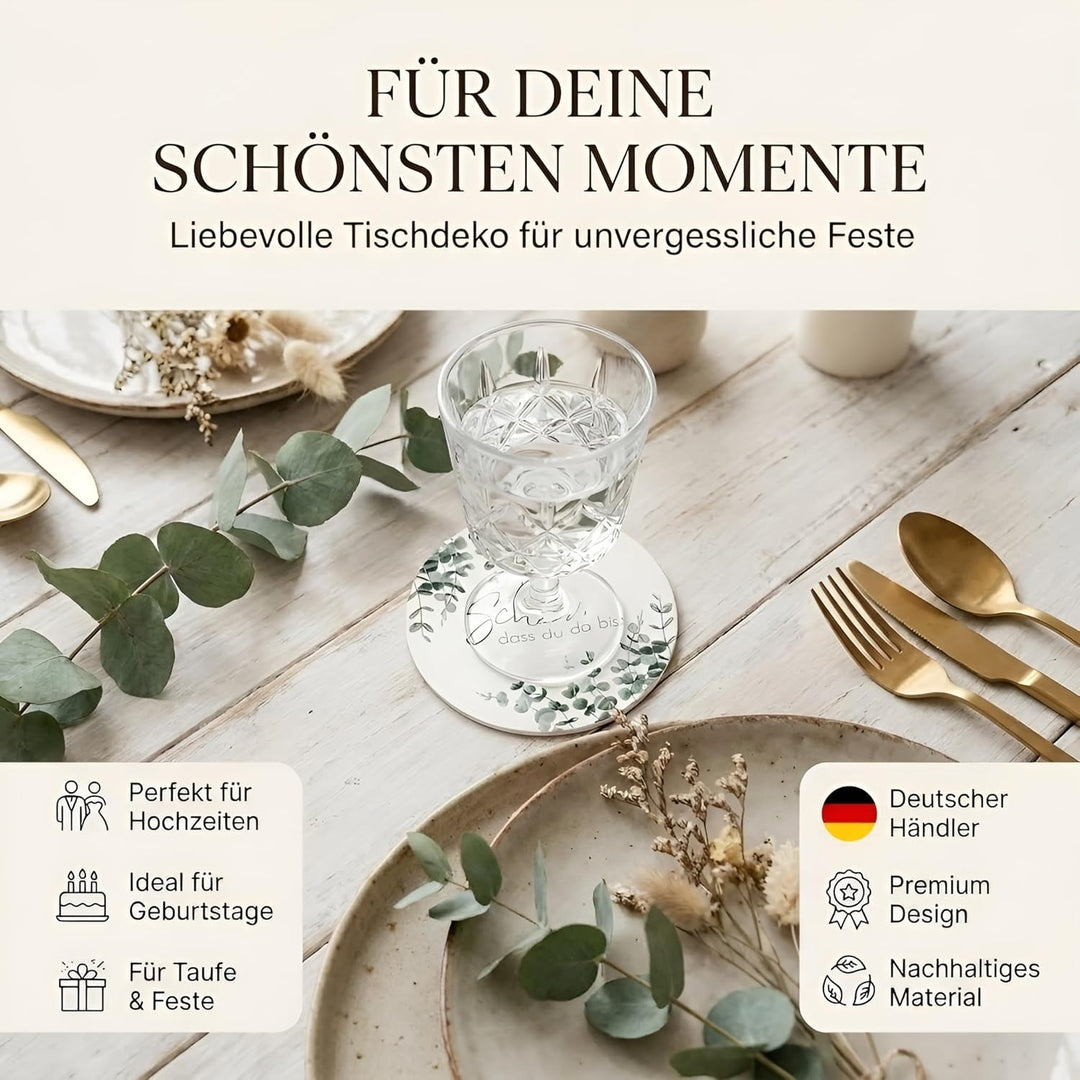 80x Bierdeckel Schön DASS du da bist - Runde Untersetzer beidseitig Bedruckt ideal als Tischdeko für