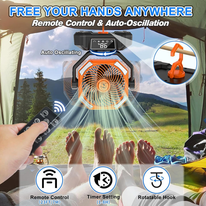 Multper Camping Ventilator mit LED-Licht, 20000mAh Wiederaufladbarer Outdoor Zelt Ventilator mit Hak