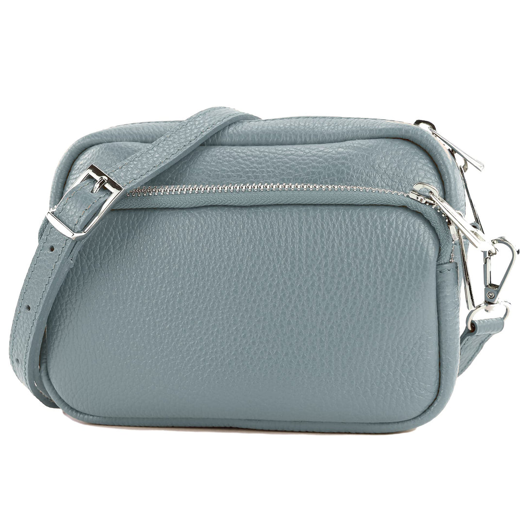 modamoda de - T231 - ital. Umhängetasche Klein Small aus Leder Taubenblau, Taubenblau