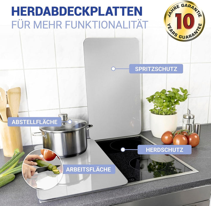 WENKO Herdabdeckplatte Universal Silber, 2er Set Herdabdeckung für alle Herdarten, Gehärtetes Glas,