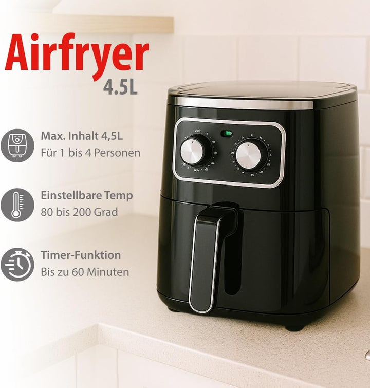 alpina Airfryer 4.5L - Heissluftfritteuse 1-4 Personen - Air Fryer mit Timer-Funktion - einstellbare