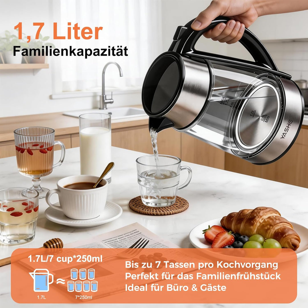 YASHE Wasserkocher mit Temperaturwahl 1,7L, 2200W Schneller Elektrischer Wasserkocher Glaswasserkoch